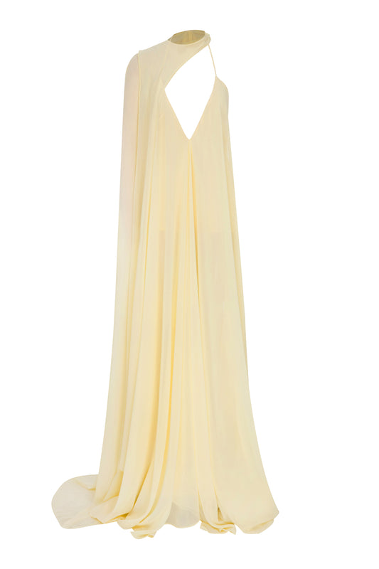 Phoenix Gown with Flowing Cape in Butter Yellow