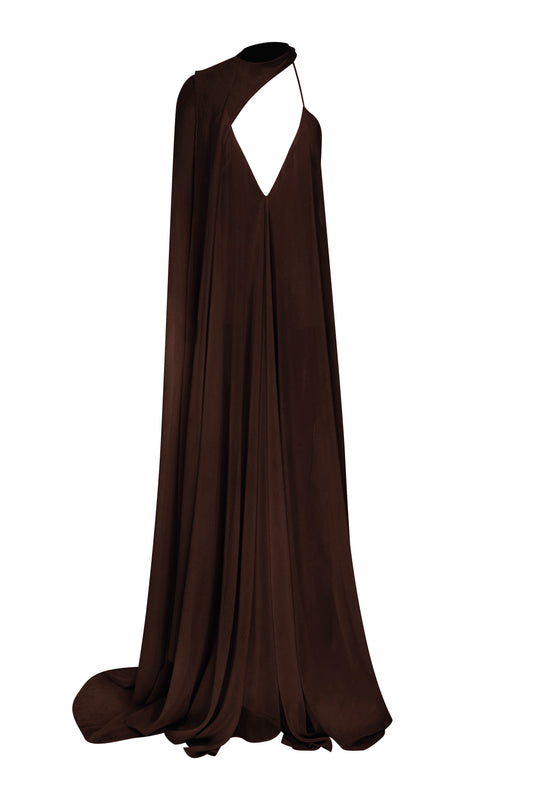Phoenix Gown with Flowing Cape in Chocolate Brown