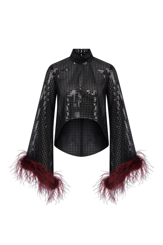 Carlotta Sequin Top with Burgundy Feather Trim