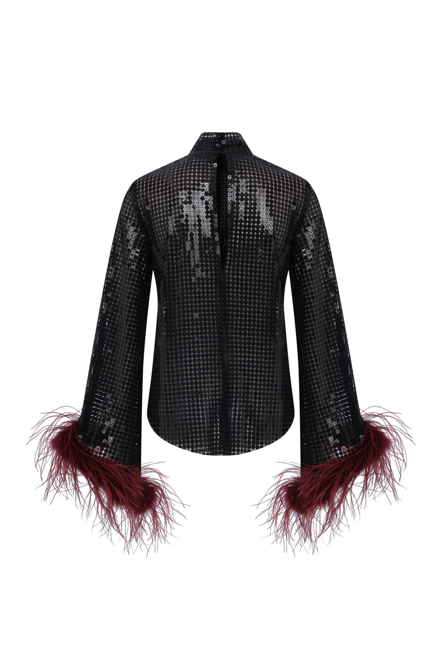Carlotta Sequin Top with Burgundy Feather Trim