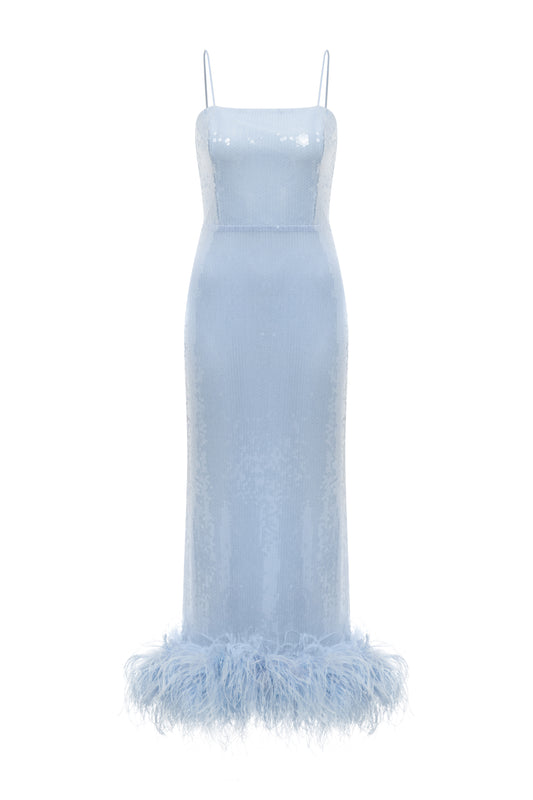 Sia Gown in Ice Blue Sequin with Feather Trim