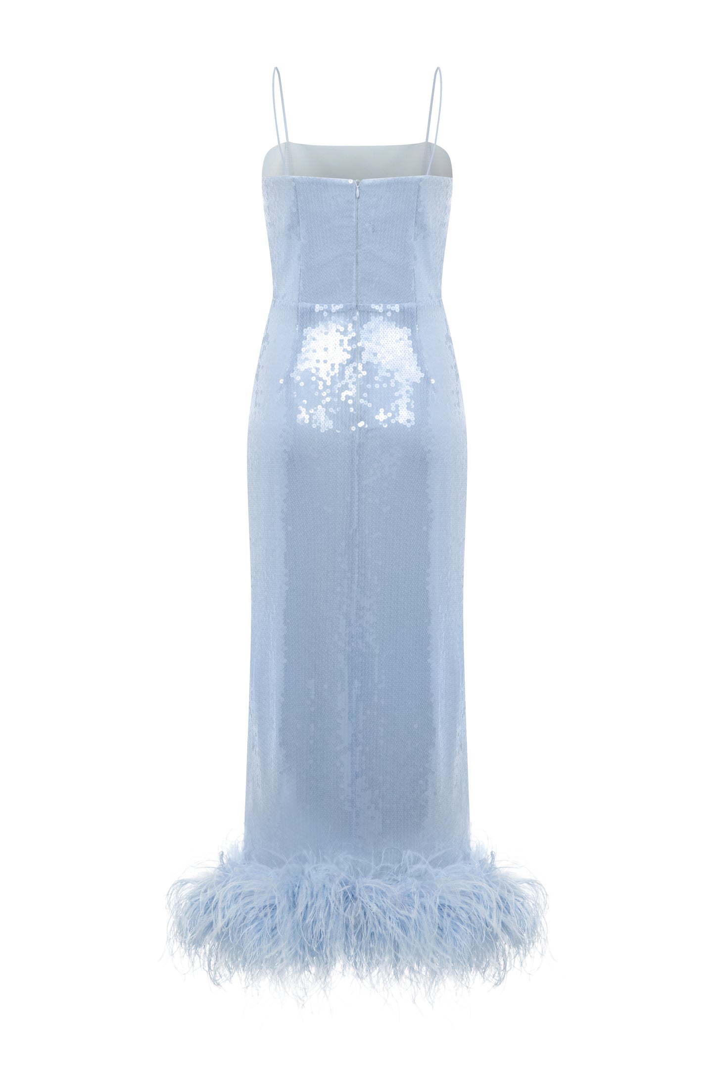 Sia Gown in Ice Blue Sequin with Feather Trim