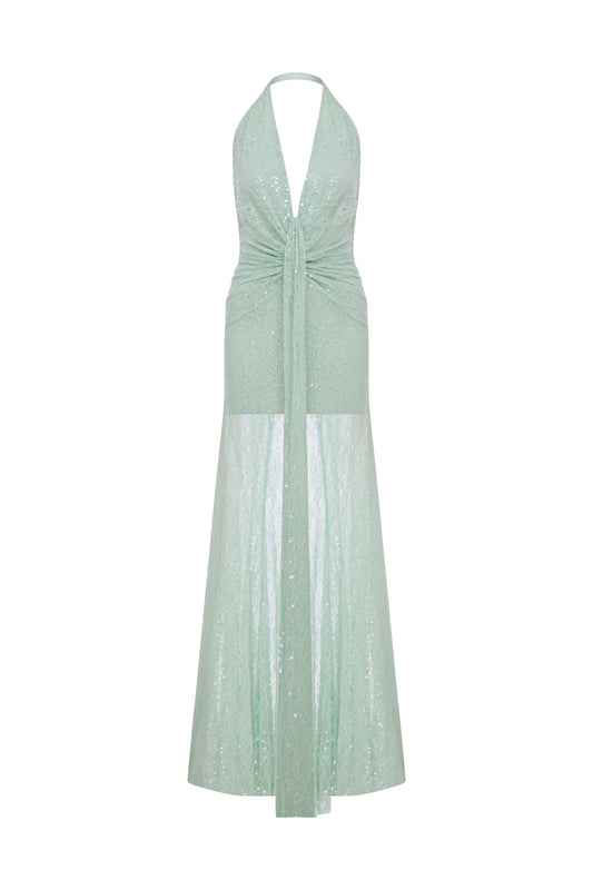 Karlie Deep V Neck Gown in Mint Lace