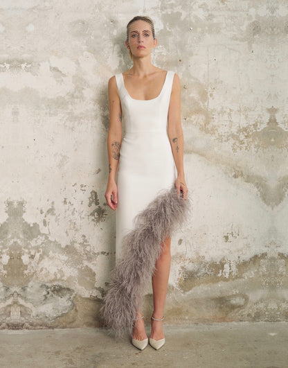 Maeve Asymmetric Dress in White with contrast Feather Trim