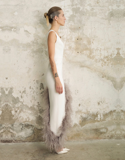 Maeve Asymmetric Dress in White with contrast Feather Trim