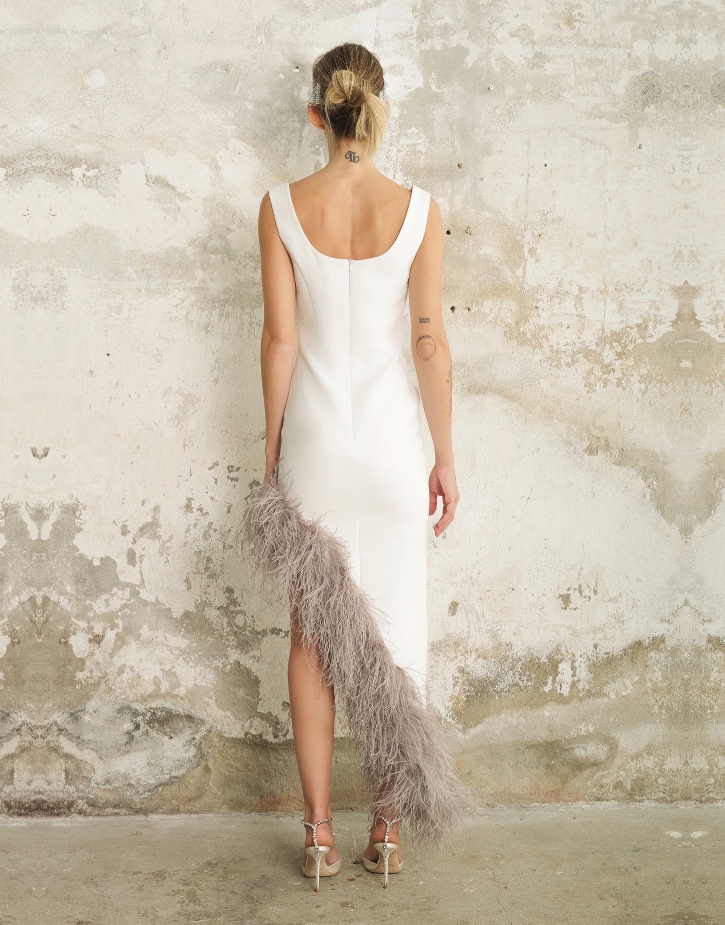 Maeve Asymmetric Dress in White with contrast Feather Trim