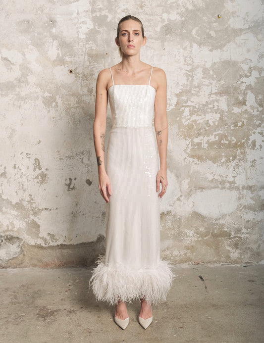 Sia Gown in White Sequin with Feather Trim