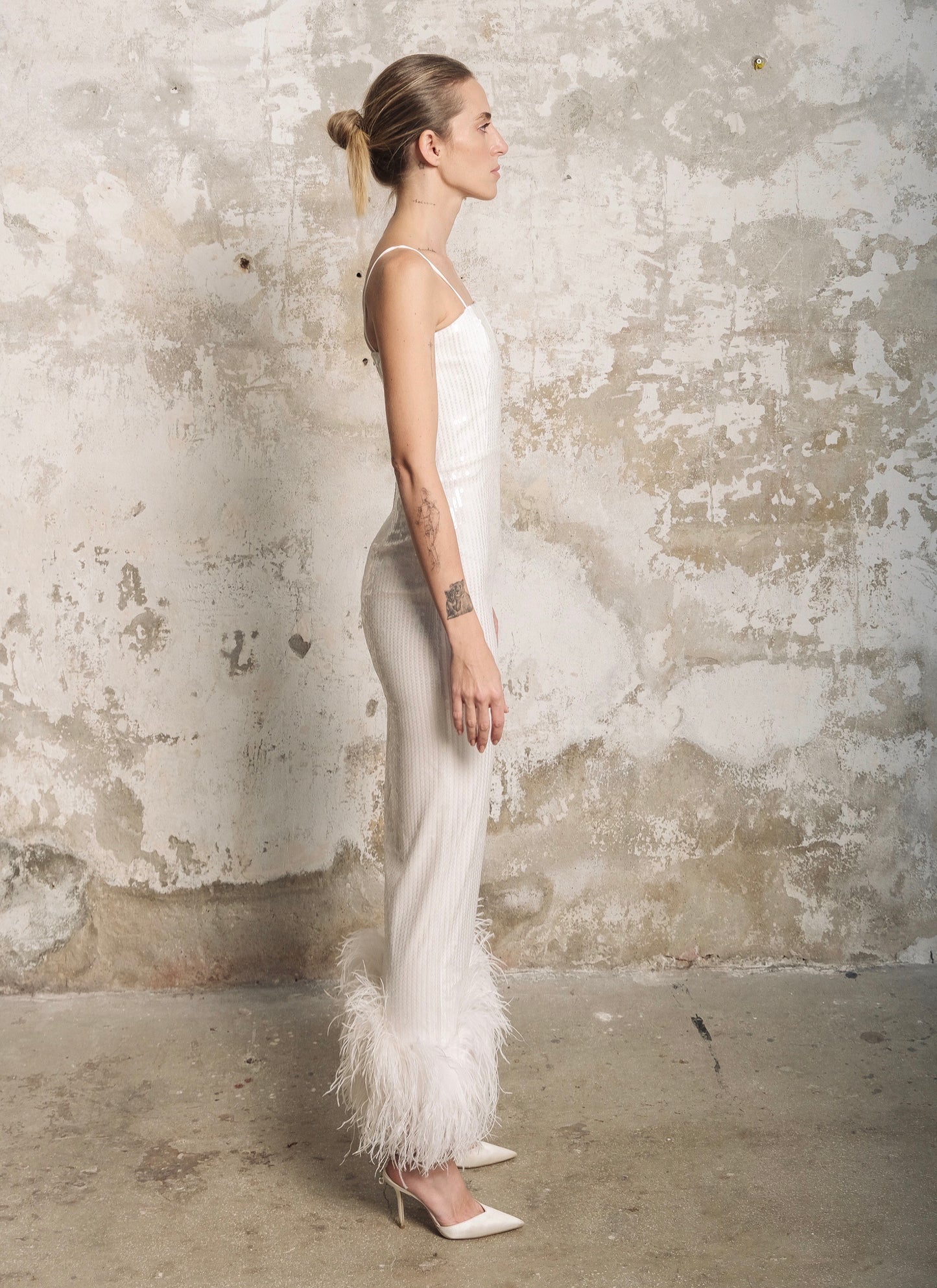 Sia Gown in White Sequin with Feather Trim