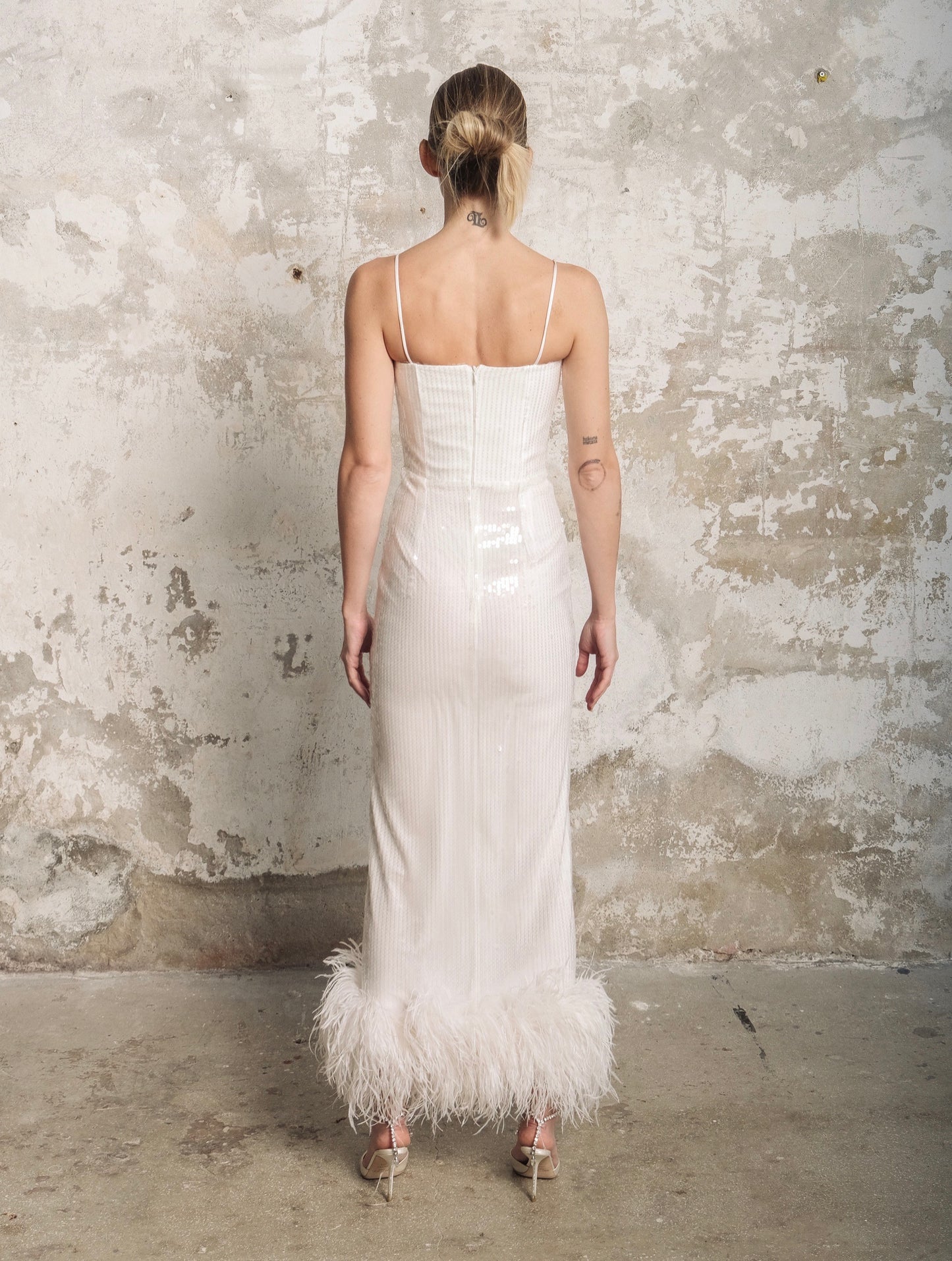 Sia Gown in White Sequin with Feather Trim