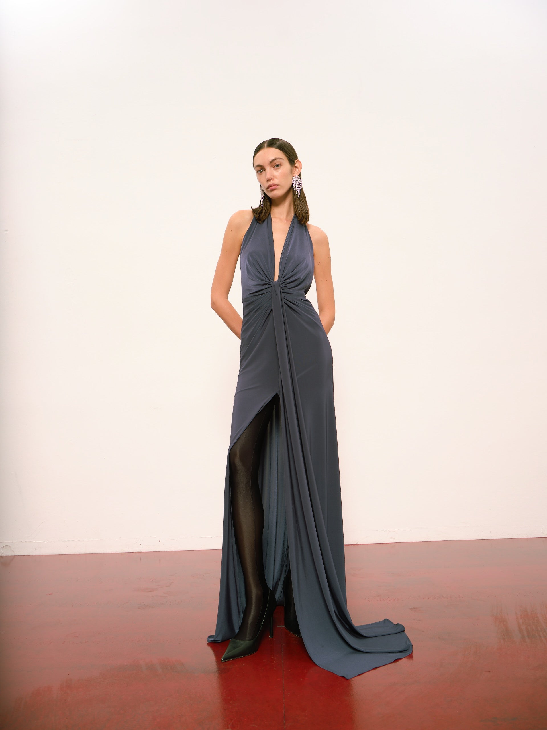 Karlie Deep V Neck Gown in Indigo – Studio PM