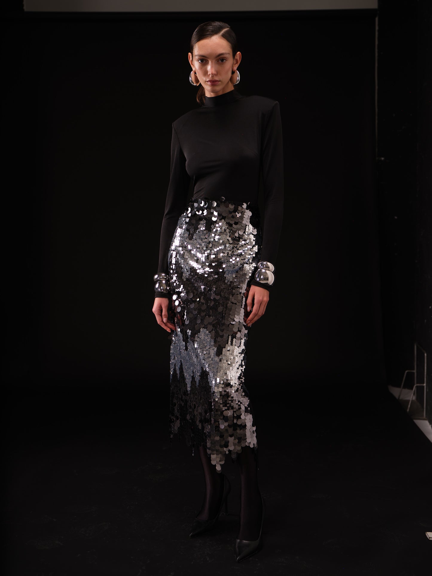 Raisa Gown in Asymmetric Waterfall Skirt in Sequin