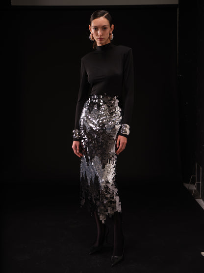 Raisa Gown in Asymmetric Waterfall Skirt in Sequin