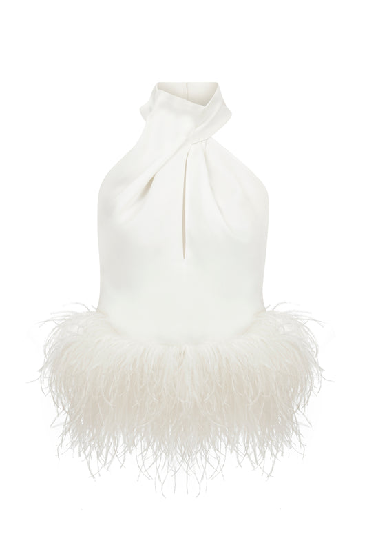 Alaia Top in White with Feather Trim