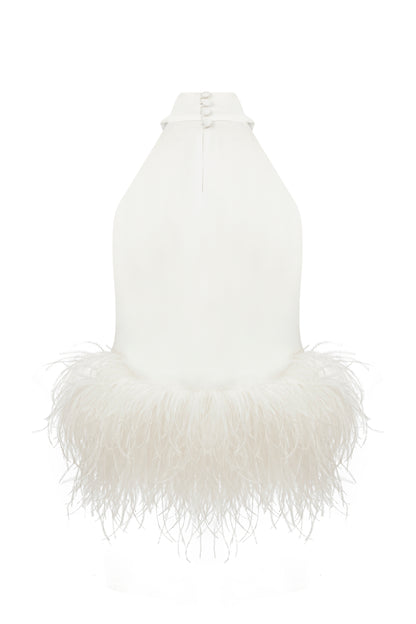 Alaia Top in White with Feather Trim