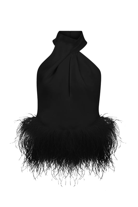 Alaia Top in Black with Feather Trim