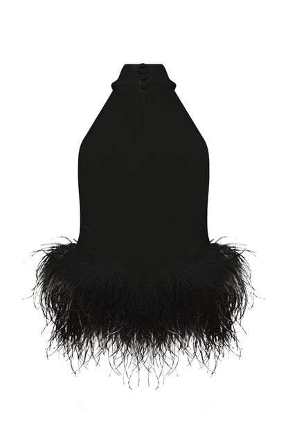 Alaia Top in Black with Feather Trim