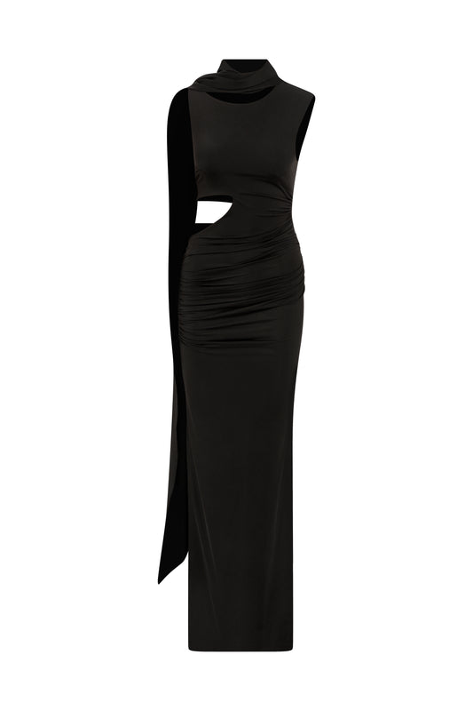 Rory Jersey Dress in Black with Detachable Scarf Detail