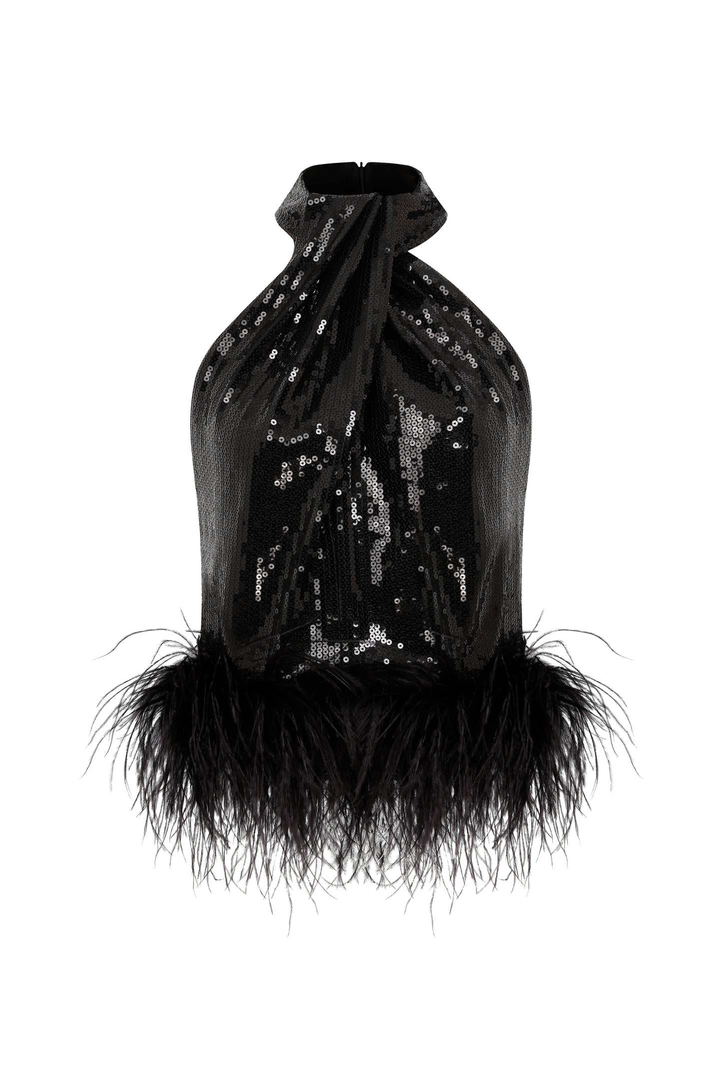 Alaia Top in Black Sequin with Feather Trim