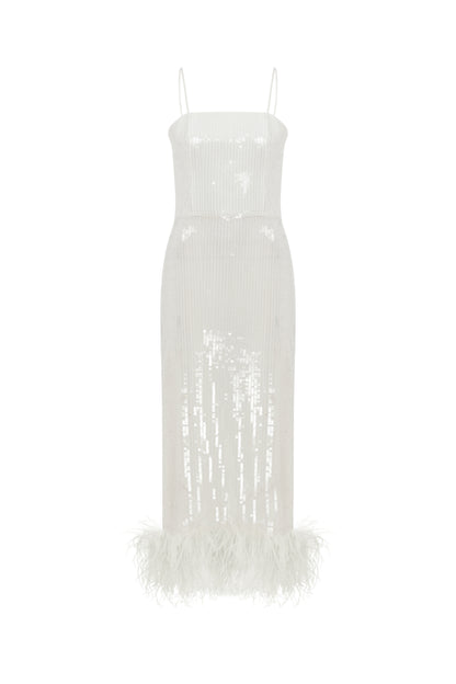 Sia Gown in White Sequin with Feather Trim