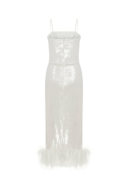 Sia Gown in White Sequin with Feather Trim