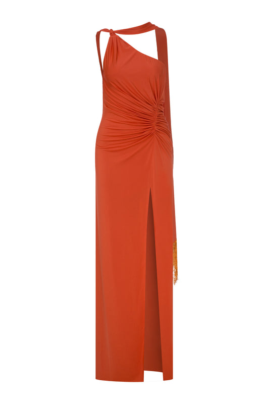 Carolyn Gown in Orange with Beaded Fringes
