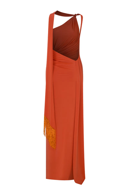 Carolyn Gown in Orange with Beaded Fringes