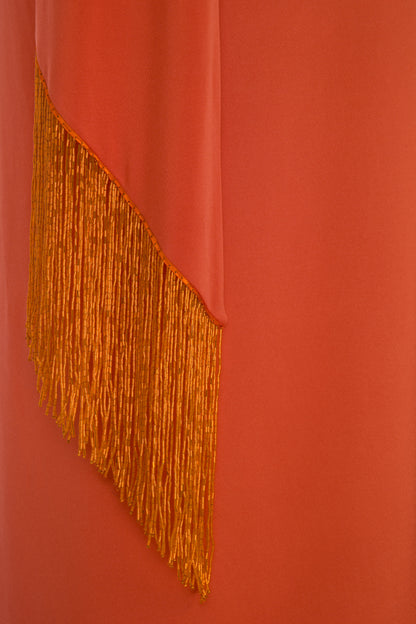 Carolyn Gown in Orange with Beaded Fringes