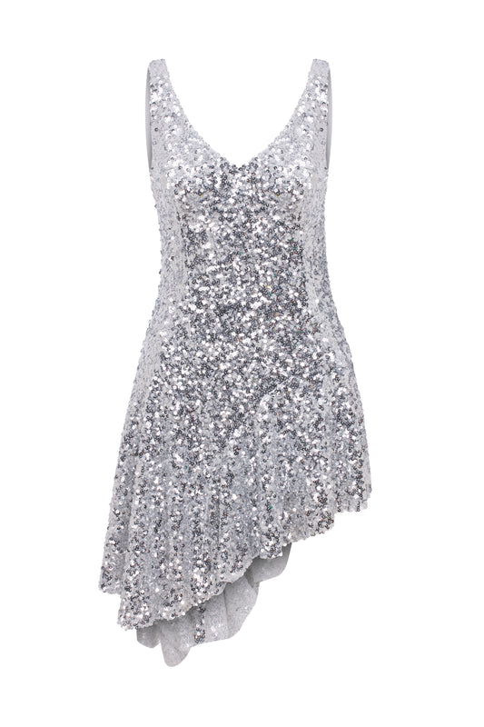 Marlene Asymmetric Mini Dress in Silver Sequin