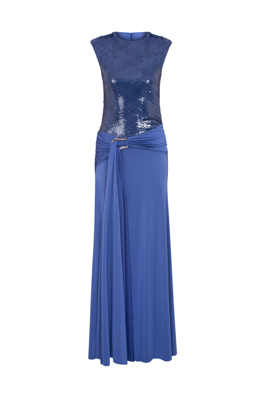 Dakota Jersey Dress with Sequin Top in Midnight Blue