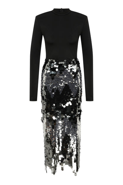 Raisa Gown in Asymmetric Waterfall Skirt in Sequin