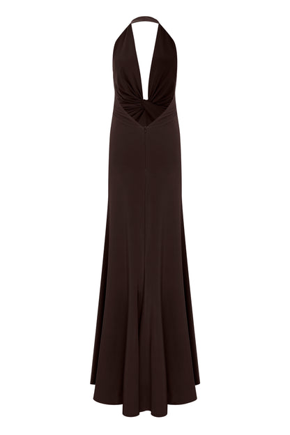 Karlie Deep V Neck Gown in Chocolate Brown