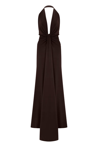 Karlie Deep V Neck Gown in Chocolate Brown