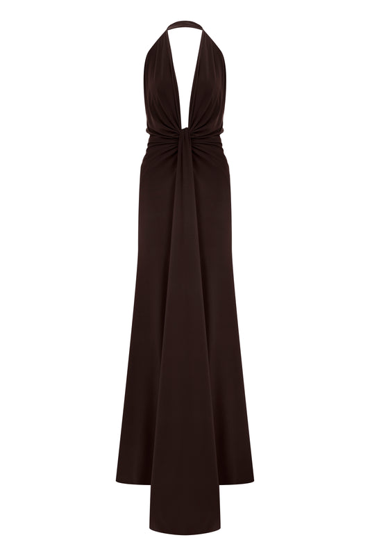 Karlie Deep V Neck Gown in Chocolate Brown