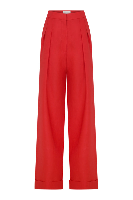 Tina Linen Trousers in Fire Red