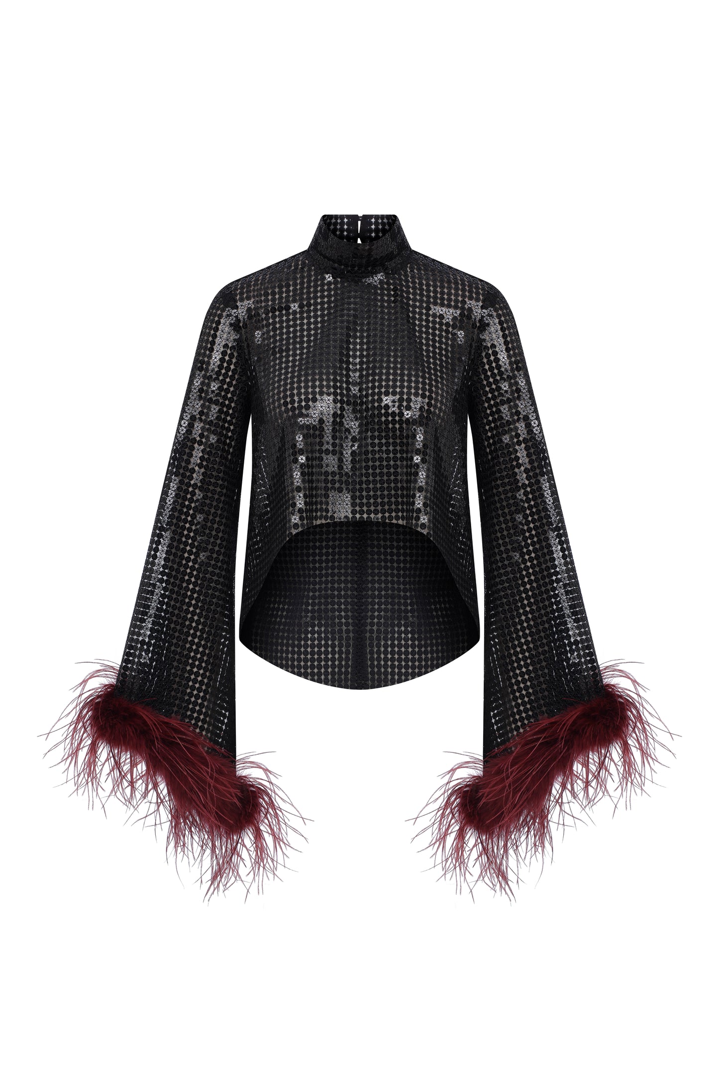 Carlotta Sequin Top with Burgundy Feather Trim