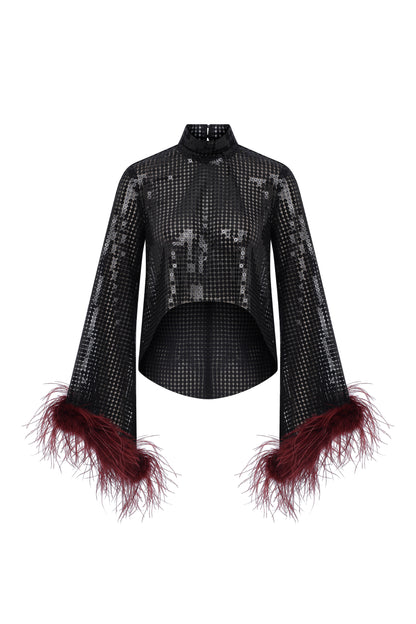 Carlotta Sequin Top with Burgundy Feather Trim