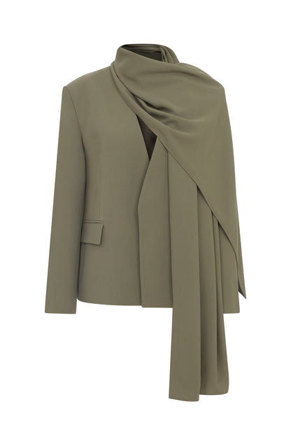 Sally Asymmetric Cape Blazer in Olive Green