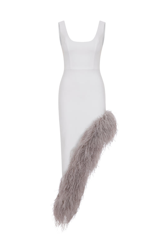 Maeve Asymmetric Dress in White with contrast Feather Trim