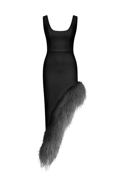 Maeve Asymmetric Dress in Black with contrast Feather Trim