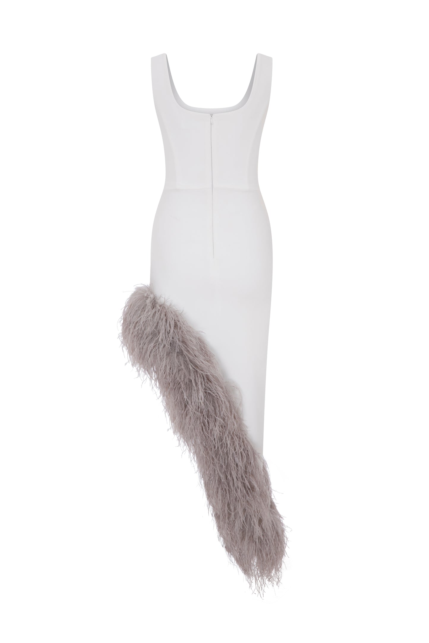 Maeve Asymmetric Dress in White with contrast Feather Trim