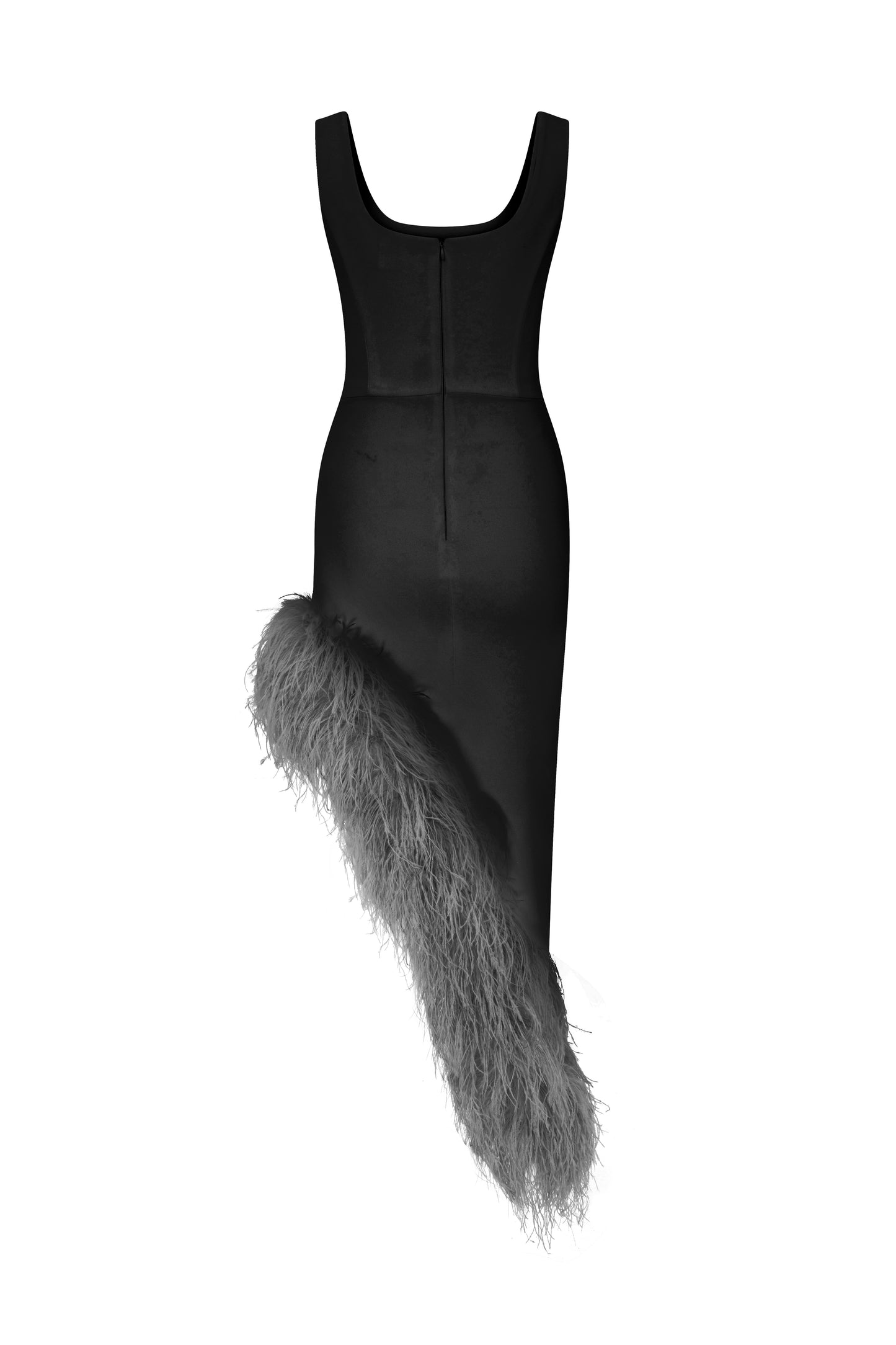 Maeve Asymmetric Dress in Black with contrast Feather Trim