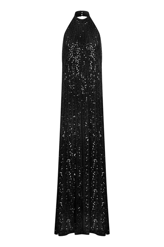 Penelope Sequin Halter Neck Gown in Black