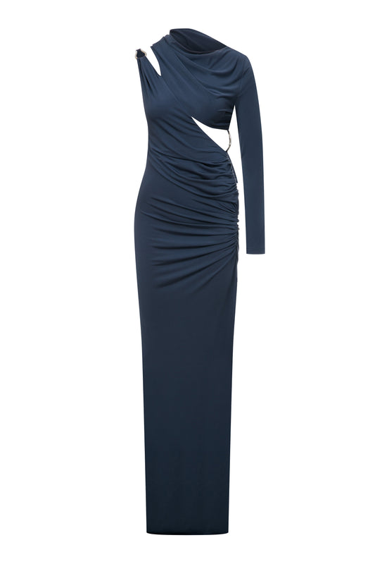 Paloma Jersey Dress in Indigo with Silver Plated Accessories