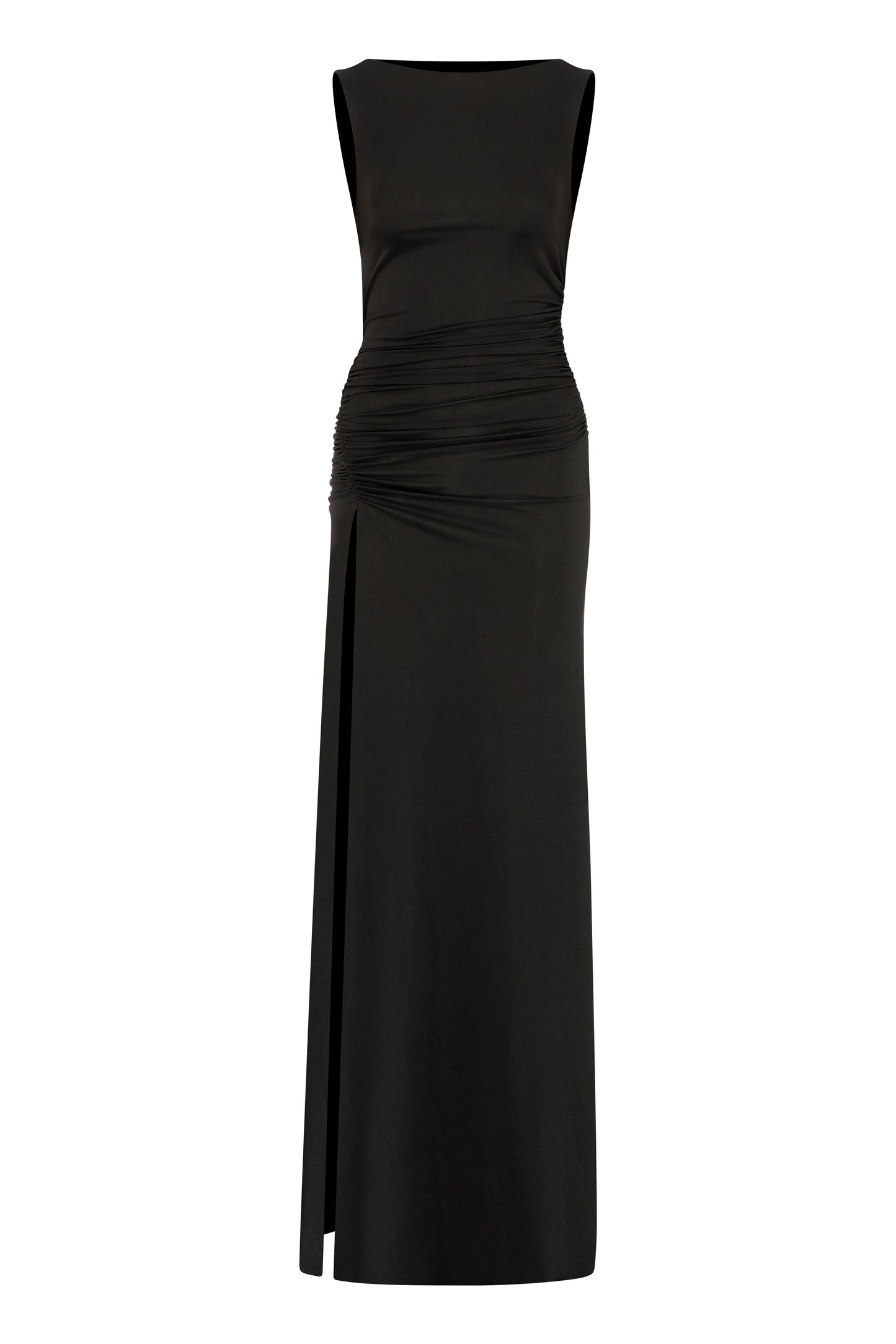 Lana Open Back Jersey Dress with Shoulder Pads in Black