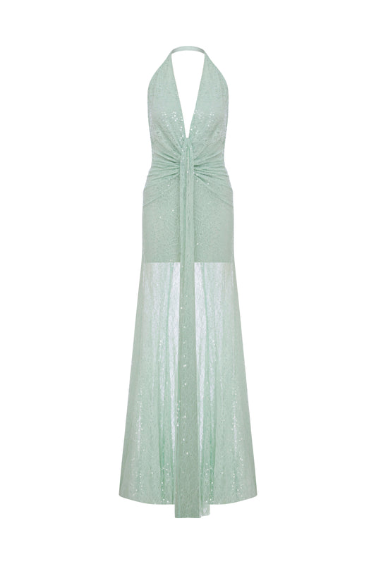 Karlie Deep V Neck Gown in Mint Lace