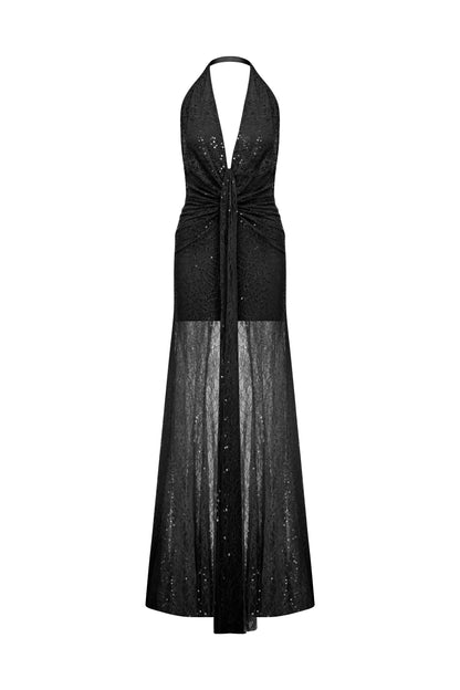 Karlie Deep V Neck Gown in Black Lace