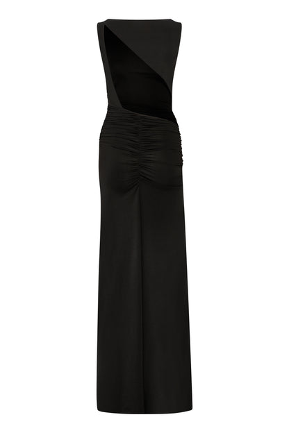 Lana Open Back Jersey Dress with Shoulder Pads in Black