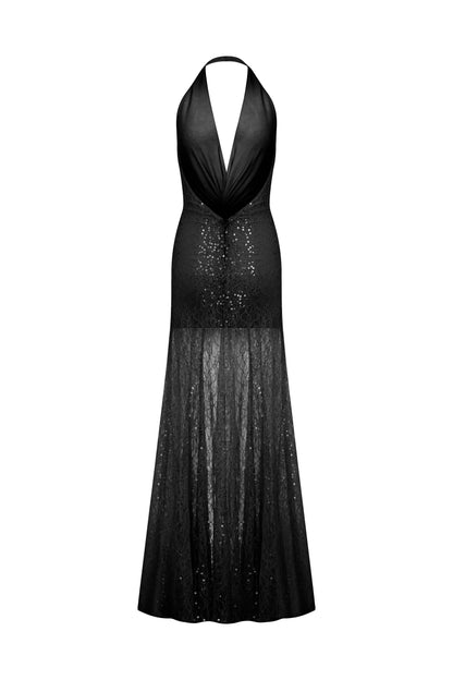 Karlie Deep V Neck Gown in Black Lace